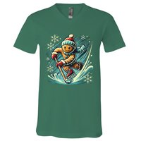 Funny Xmas Gingerbread Playing Ice Hockey Lovers Christmas Gift V-Neck T-Shirt