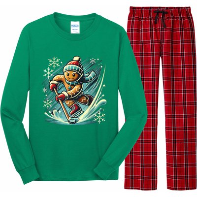 Funny Xmas Gingerbread Playing Ice Hockey Lovers Christmas Gift Long Sleeve Pajama Set