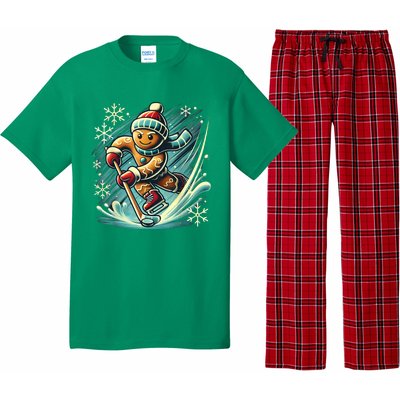 Funny Xmas Gingerbread Playing Ice Hockey Lovers Christmas Gift Pajama Set