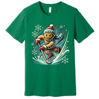 Funny Xmas Gingerbread Playing Ice Hockey Lovers Christmas Gift Premium T-Shirt