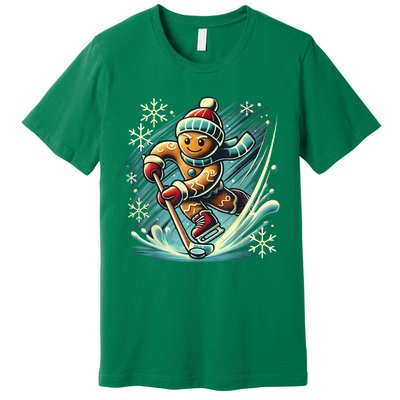 Funny Xmas Gingerbread Playing Ice Hockey Lovers Christmas Gift Premium T-Shirt