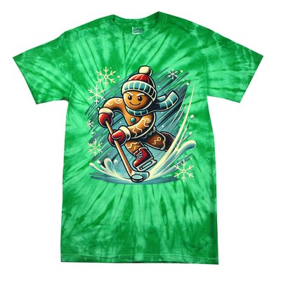 Funny Xmas Gingerbread Playing Ice Hockey Lovers Christmas Gift Tie-Dye T-Shirt