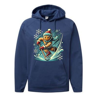 Funny Xmas Gingerbread Playing Ice Hockey Lovers Christmas Gift Performance Fleece Hoodie