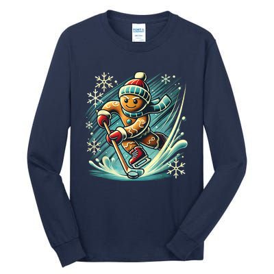 Funny Xmas Gingerbread Playing Ice Hockey Lovers Christmas Gift Tall Long Sleeve T-Shirt