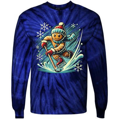 Funny Xmas Gingerbread Playing Ice Hockey Lovers Christmas Gift Tie-Dye Long Sleeve Shirt