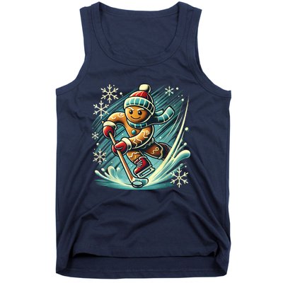 Funny Xmas Gingerbread Playing Ice Hockey Lovers Christmas Gift Tank Top