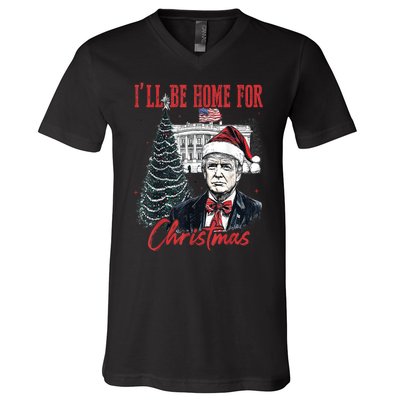 Funny Xmas Humorous Trump Ill Be Home For Christmas 2024 Gift V-Neck T-Shirt