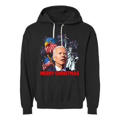 Funny Xmas Joe Biden Merry Christmas Funny 4th Of July Garment-Dyed Fleece Hoodie