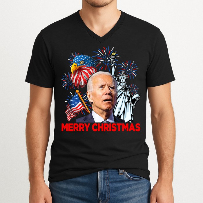 Funny Xmas Joe Biden Merry Christmas Funny 4th Of July V-Neck T-Shirt