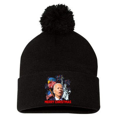 Funny Xmas Joe Biden Merry Christmas Funny 4th Of July Pom Pom 12in Knit Beanie