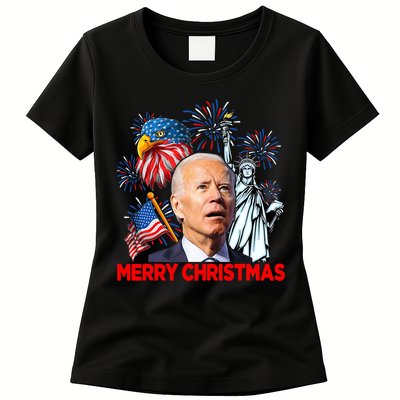 Funny Xmas Joe Biden Merry Christmas Funny 4th Of July Womens T-Shirt