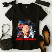 Funny Xmas Joe Biden Merry Christmas Funny 4th Of July Women's V-Neck T-Shirt