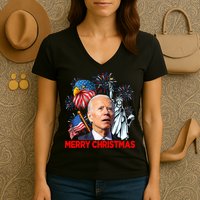 Funny Xmas Joe Biden Merry Christmas Funny 4th Of July Women's V-Neck T-Shirt