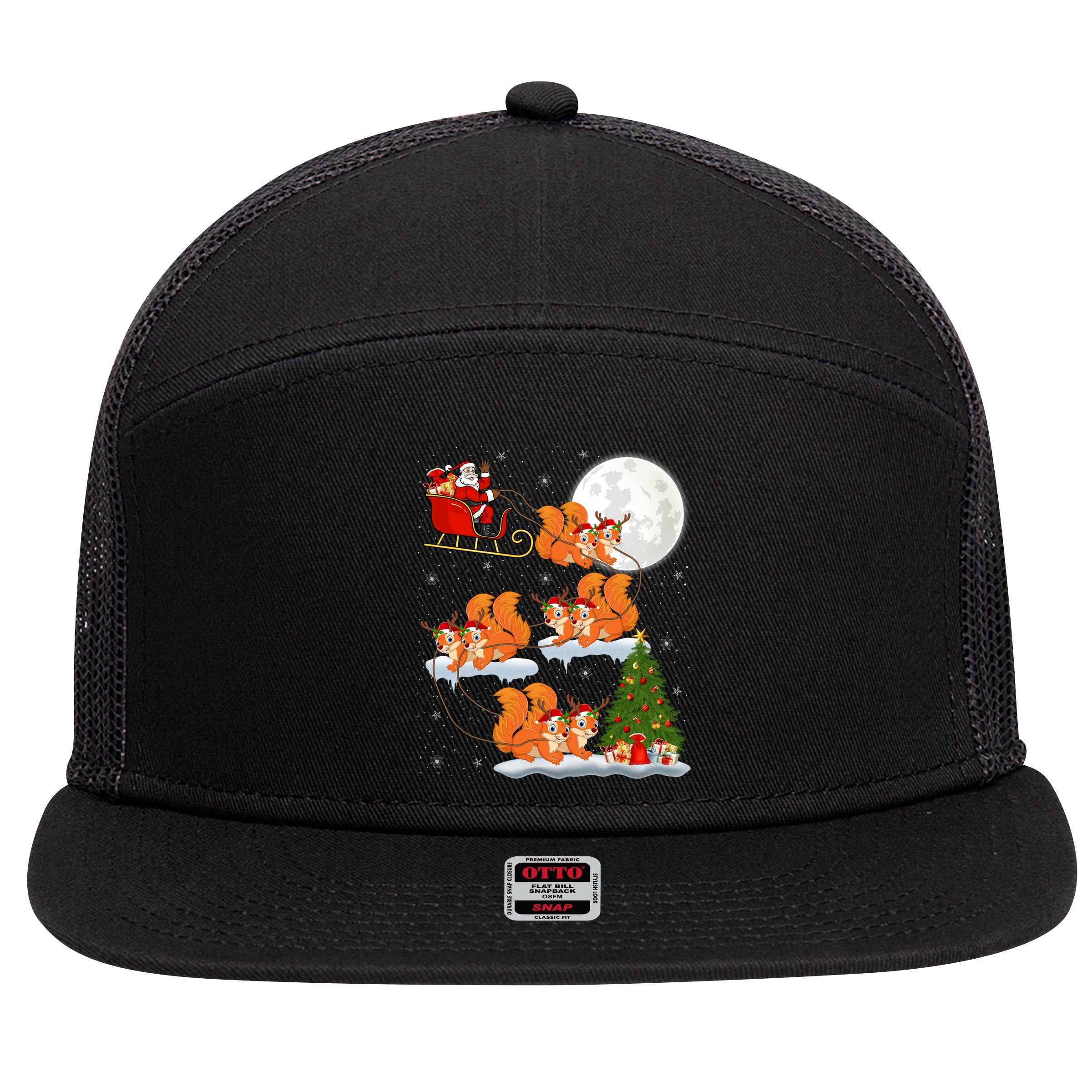 Funny Xmas Lighting Tree Santa Riding Squirrel Christmas Gift 7 Panel Mesh Trucker Snapback Hat