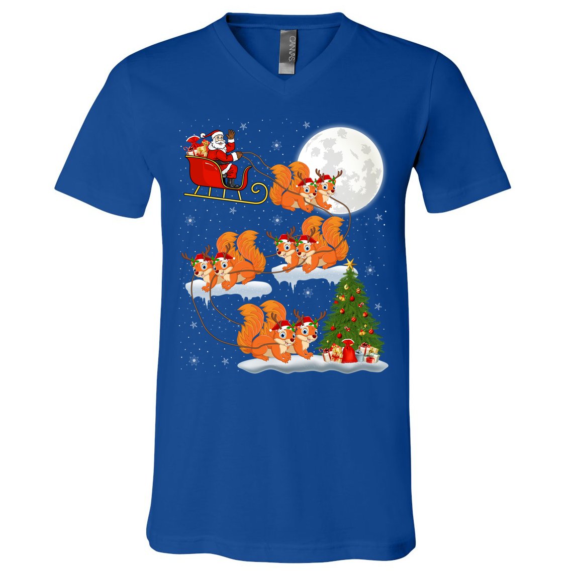 Funny Xmas Lighting Tree Santa Riding Squirrel Christmas Gift V-Neck T-Shirt