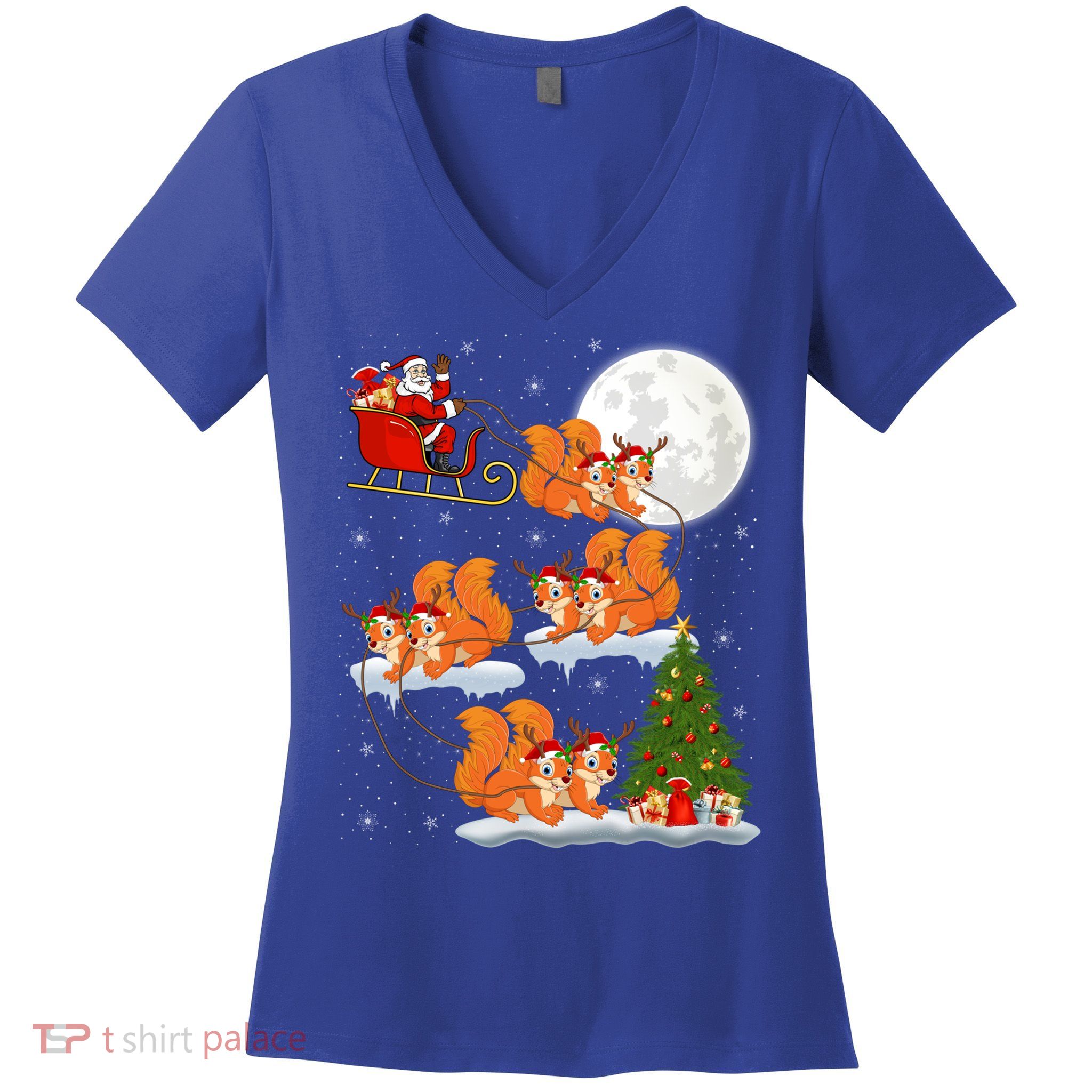 Funny Xmas Lighting Tree Santa Riding Squirrel Christmas Gift Women's V-Neck T-Shirt