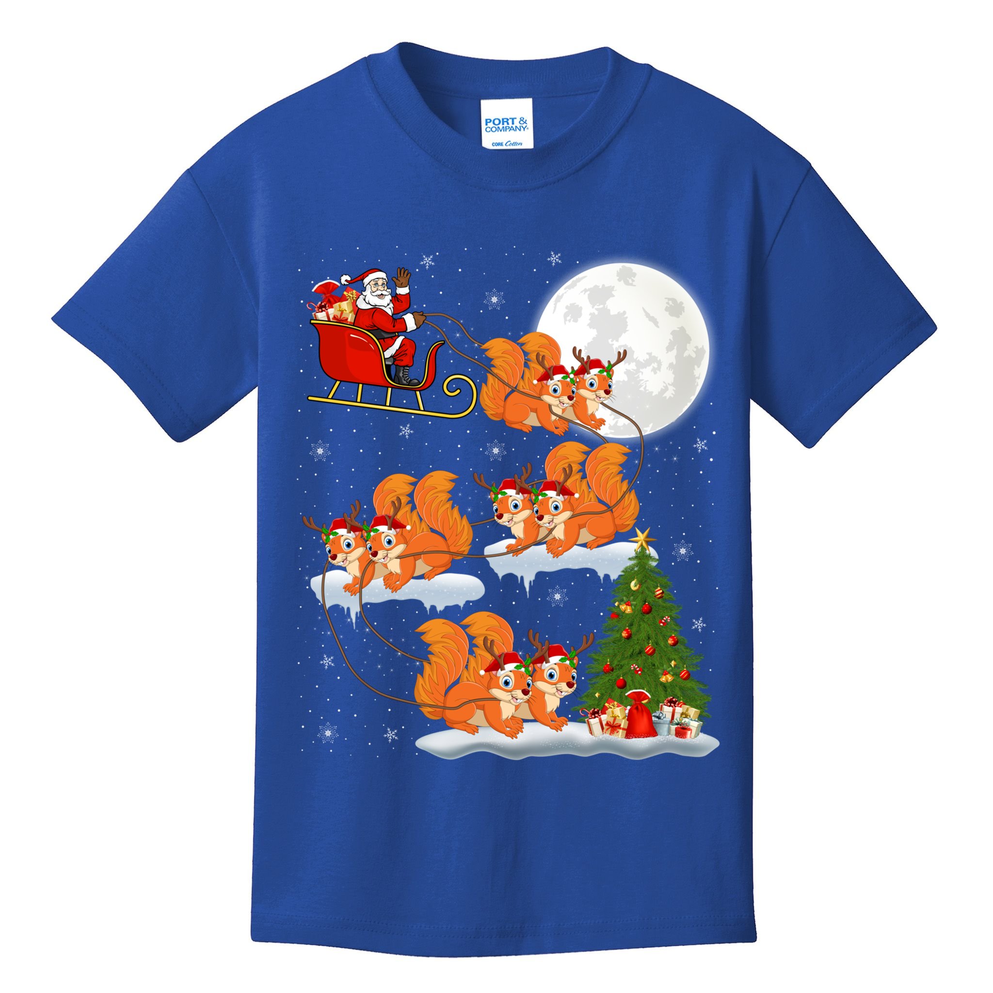 Funny Xmas Lighting Tree Santa Riding Squirrel Christmas Gift Kids T-Shirt