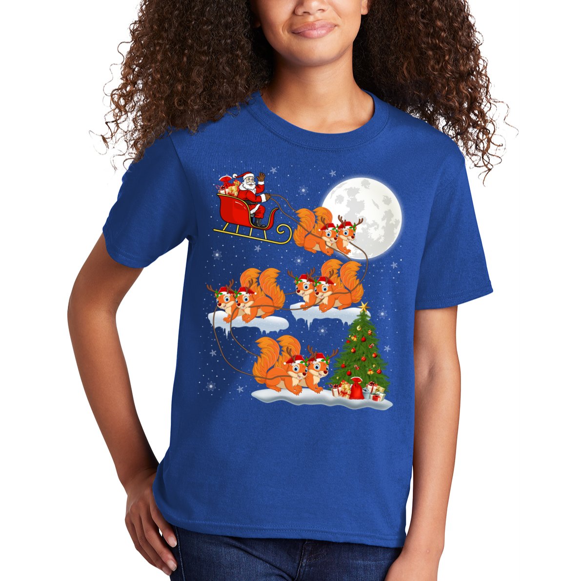 Funny Xmas Lighting Tree Santa Riding Squirrel Christmas Gift Kids T-Shirt