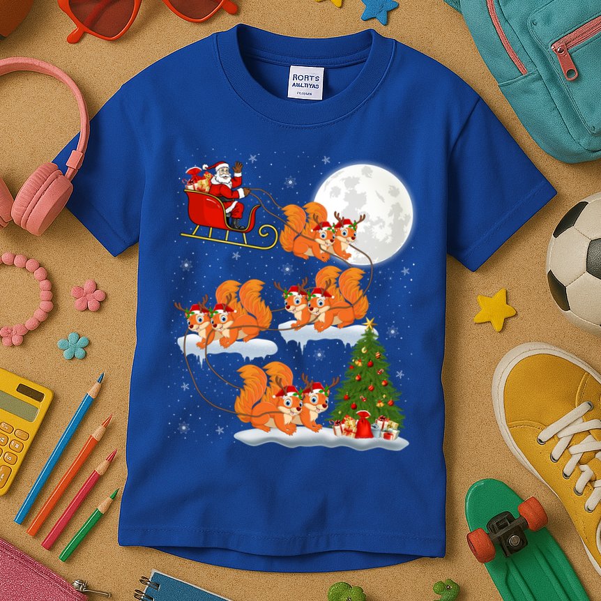 Funny Xmas Lighting Tree Santa Riding Squirrel Christmas Gift Kids T-Shirt