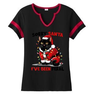 Funny Xmas Lights Sorry Santa Ive Been Feral Black Cat Christmas Gift Ladies Halftime Notch Neck Tee