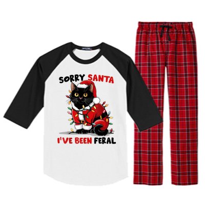 Funny Xmas Lights Sorry Santa Ive Been Feral Black Cat Christmas Gift Raglan Sleeve Pajama Set