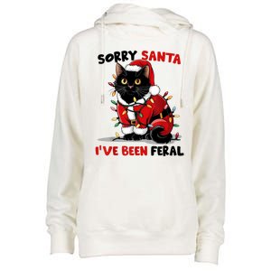 Funny Xmas Lights Sorry Santa Ive Been Feral Black Cat Christmas Gift Womens Funnel Neck Pullover Hood