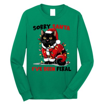 Funny Xmas Lights Sorry Santa Ive Been Feral Black Cat Christmas Gift Long Sleeve Shirt