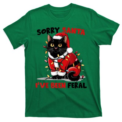 Funny Xmas Lights Sorry Santa Ive Been Feral Black Cat Christmas Gift T-Shirt