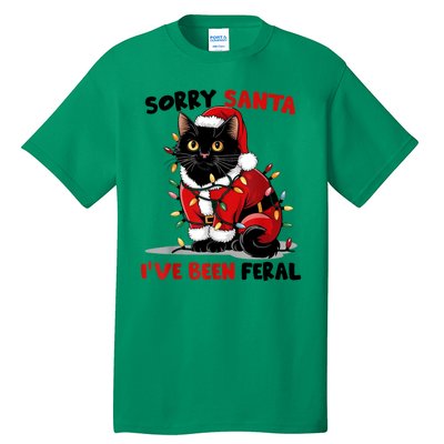 Funny Xmas Lights Sorry Santa Ive Been Feral Black Cat Christmas Gift Tall T-Shirt