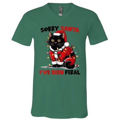 Funny Xmas Lights Sorry Santa Ive Been Feral Black Cat Christmas Gift V-Neck T-Shirt