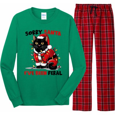 Funny Xmas Lights Sorry Santa Ive Been Feral Black Cat Christmas Gift Long Sleeve Pajama Set