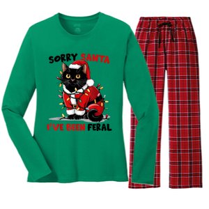 Funny Xmas Lights Sorry Santa Ive Been Feral Black Cat Christmas Gift Women's Long Sleeve Flannel Pajama Set 