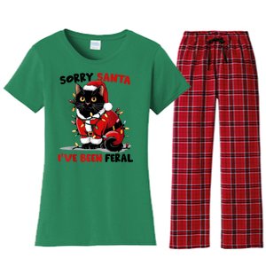 Funny Xmas Lights Sorry Santa Ive Been Feral Black Cat Christmas Gift Women's Flannel Pajama Set