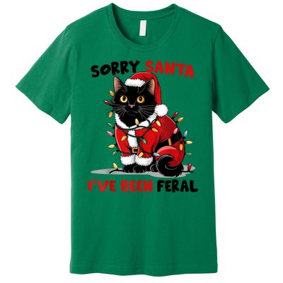 Funny Xmas Lights Sorry Santa Ive Been Feral Black Cat Christmas Gift Premium T-Shirt