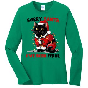 Funny Xmas Lights Sorry Santa Ive Been Feral Black Cat Christmas Gift Ladies Long Sleeve Shirt