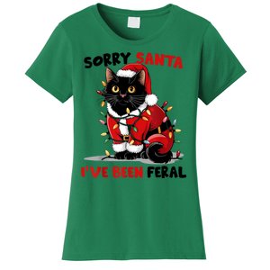 Funny Xmas Lights Sorry Santa Ive Been Feral Black Cat Christmas Gift Women's T-Shirt