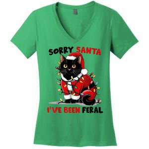 Funny Xmas Lights Sorry Santa Ive Been Feral Black Cat Christmas Gift Women's V-Neck T-Shirt