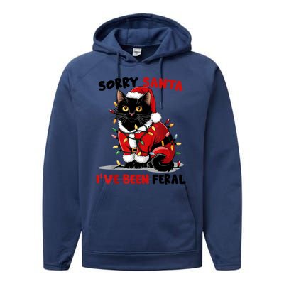 Funny Xmas Lights Sorry Santa Ive Been Feral Black Cat Christmas Gift Performance Fleece Hoodie