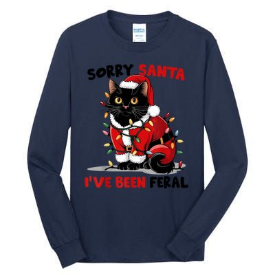 Funny Xmas Lights Sorry Santa Ive Been Feral Black Cat Christmas Gift Tall Long Sleeve T-Shirt