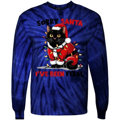 Funny Xmas Lights Sorry Santa Ive Been Feral Black Cat Christmas Gift Tie-Dye Long Sleeve Shirt