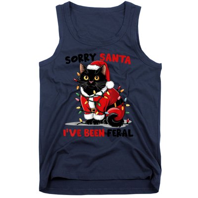 Funny Xmas Lights Sorry Santa Ive Been Feral Black Cat Christmas Gift Tank Top