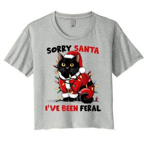 Funny Xmas Lights Sorry Santa Ive Been Feral Black Cat Christmas Gift Women's Crop Top Tee