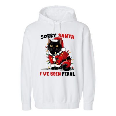 Funny Xmas Lights Sorry Santa Ive Been Feral Black Cat Christmas Gift Garment-Dyed Fleece Hoodie