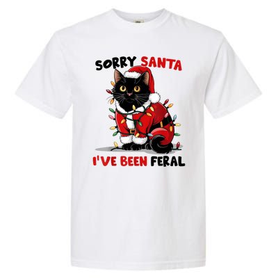 Funny Xmas Lights Sorry Santa Ive Been Feral Black Cat Christmas Gift Garment-Dyed Heavyweight T-Shirt