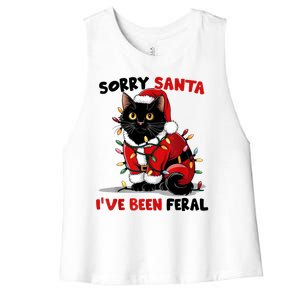 Funny Xmas Lights Sorry Santa Ive Been Feral Black Cat Christmas Gift Women's Racerback Cropped Tank