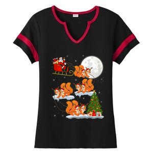 Funny Xmas Lighting Tree Santa Riding Squirrel Christmas Cute Gift Ladies Halftime Notch Neck Tee