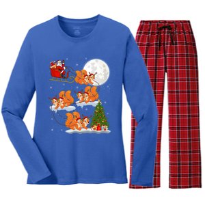 Funny Xmas Lighting Tree Santa Riding Squirrel Christmas Cute Gift Women's Long Sleeve Flannel Pajama Set 