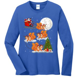 Funny Xmas Lighting Tree Santa Riding Squirrel Christmas Cute Gift Ladies Long Sleeve Shirt