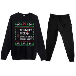 Funny Xmas List Nice Naughty Innocent Until Proven Guilty Gift Premium Crewneck Sweatsuit Set