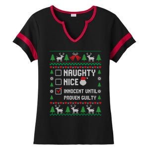 Funny Xmas List Nice Naughty Innocent Until Proven Guilty Gift Ladies Halftime Notch Neck Tee